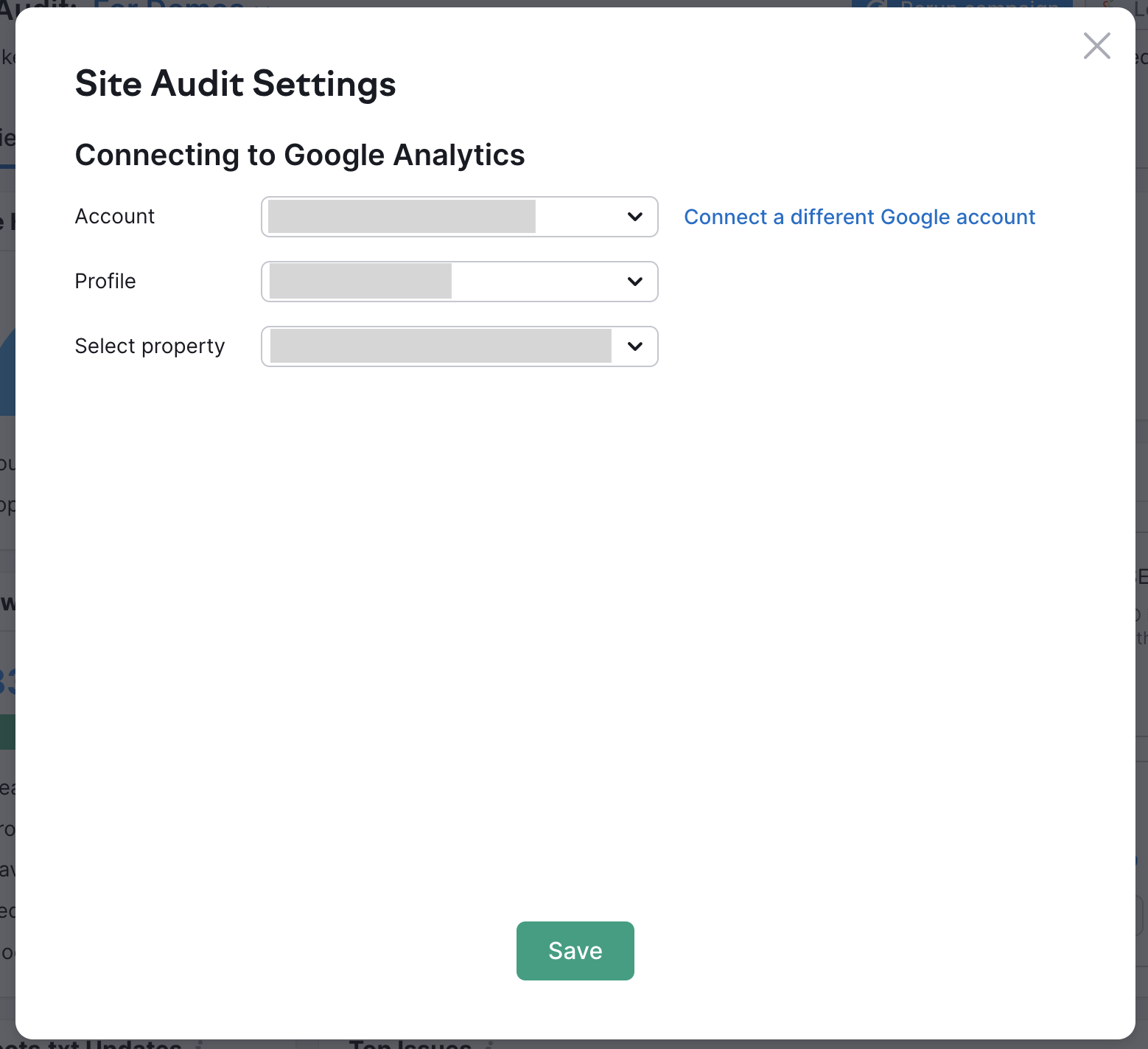 What settings for the GA integration look like. Example data is blurred for privacy reasons.